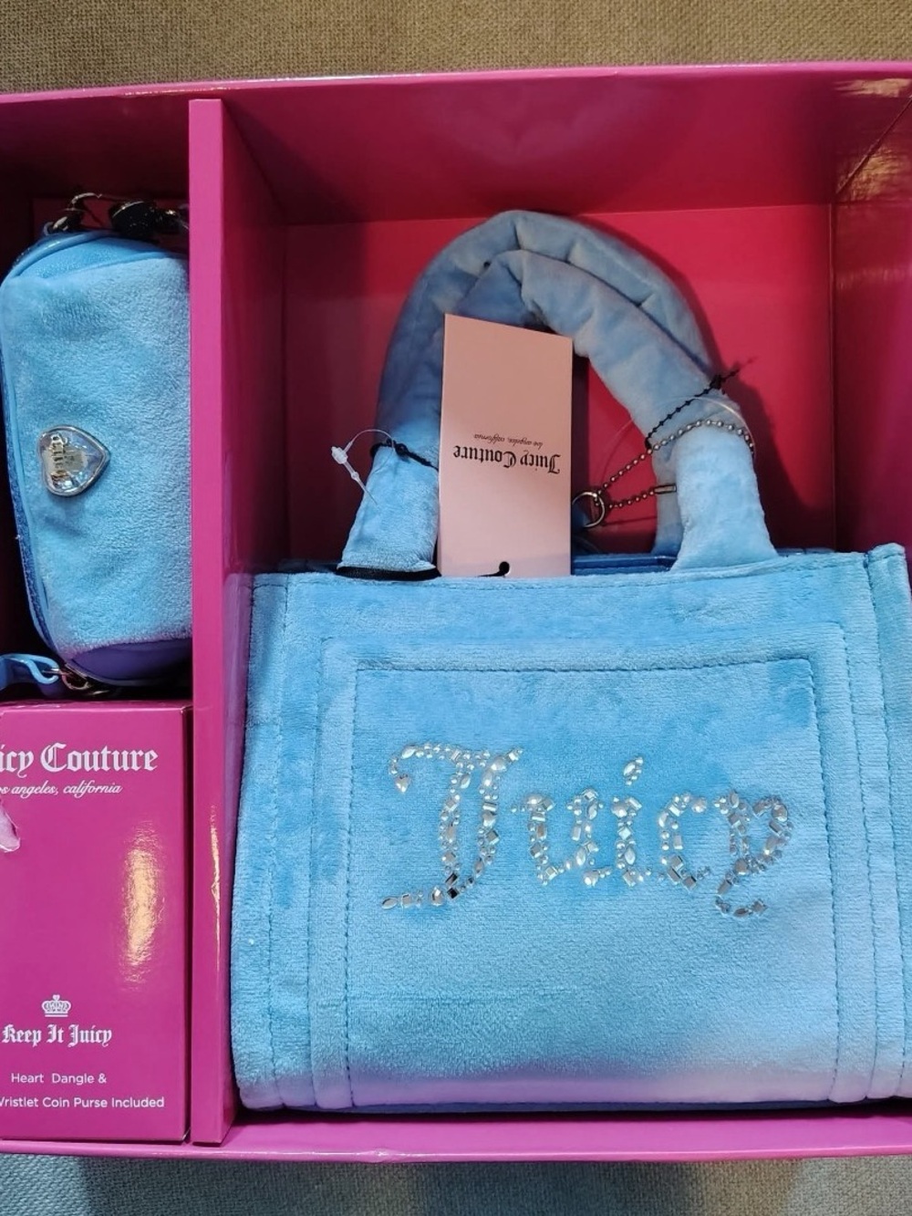 Juicy Couture Baby Blue Velour Mini Tote with Crystal Logo